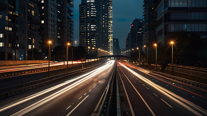 Fototapeta premium The light flow of traffic on an evening highway in a city with modern high buildings Background wallpaper.-generative AI