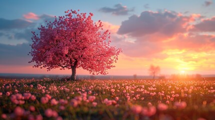 cherry tree with flowers on green field in spring 