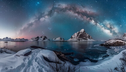 Milky Way above frozen sea coast and snow covered mountains in winter at night