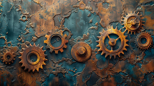 Background with rusty gears on old wall.