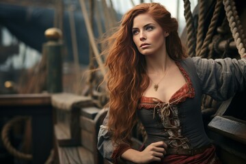 Fototapeta premium Elegant red-haired woman in historical outfit posing on an old sailing ship deck