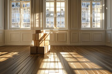 Rustic Empty Room with Cardboard Boxes and Sunlight Creating Warm Shadows on Wooden Floor in a Minimalist Setting