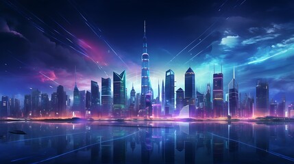 Panoramic view of a futuristic city with skyscrapers illuminated by neon lights at night,