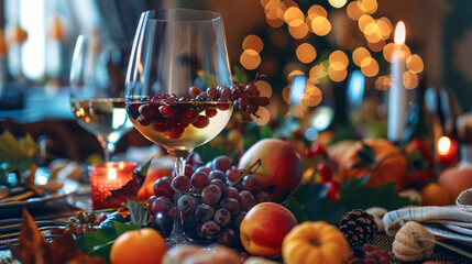 Table Topped With Wine Glass and Fruit