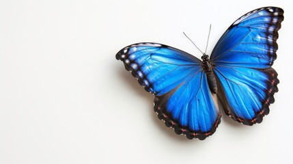  A blue butterfly with black spots on its wings rests on a white surface Its wings are spread out to each side