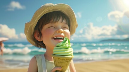 Happy child eating ice cream on beach