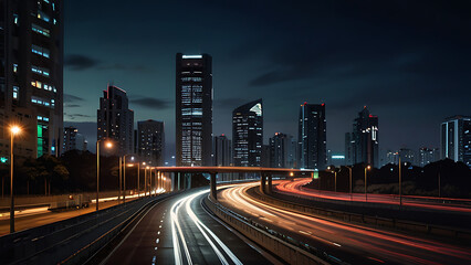 Fototapeta premium Light flow of traffic on a evening highway in a city with modern high buildings Background wallpaper.-generative AI