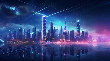 Panoramic view of a futuristic city with skyscrapers illuminated by neon lights at night,