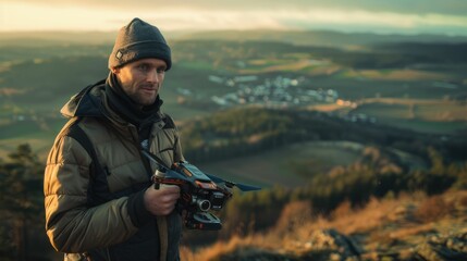 The picture of the professional drone photographer holding the drone that has been surrounded with nature landscape under sunlight, the drone photographer require much experience with drone. AIG43.