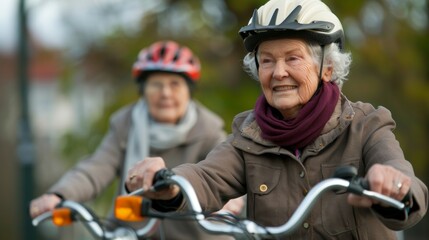 Fototapeta premium Elderly Women Cycling Outdoors in Autumn