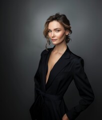 A woman in a stylish business suit with a fashionable haircut, smiling, strict makeup.