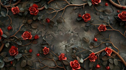 2d texture of branches with red roses and leaves, illustration background. 3d abstraction wallpaper for Interior mural painting wall art decor