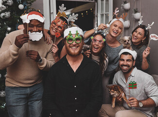 Christmas, men and women with pet, party and happiness for holiday, festive and relax with group....