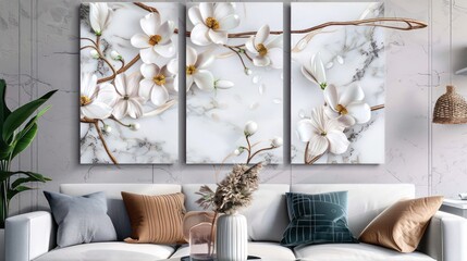 3 panel wall art, marble background flowers designs, wall decoration