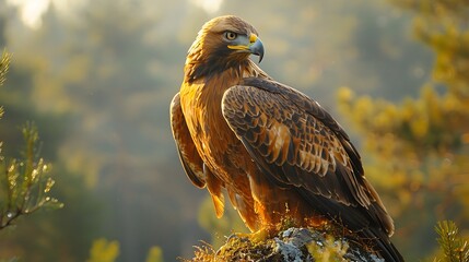 A regal golden eagle surveying its domain from the top of a towering pine tree, its keen gaze fixed on distant horizons.
