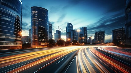 Obraz premium Light flow of traffic on a evening highway in a city with modern high buildings