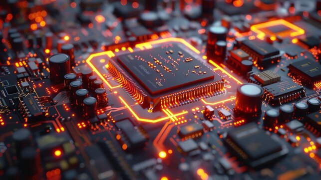 Close-up of a glowing CPU on a circuit board.