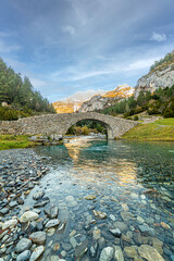 The Bujaruelo Bridge is a 13th century Romanesque bridge over the Ara River, in the province of...