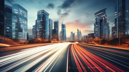 Obraz premium Light flow of traffic on a evening highway in a city with modern high buildings