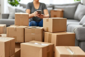 Warehouse Worker Using Smartphone with AR App for Inventory Management, Featuring Modern Technology and Efficient Packaging in Organized Industrial Setting