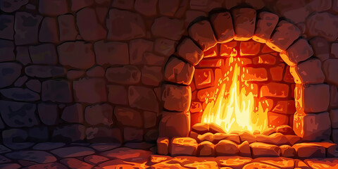 A warm orange fire crackles in a stone fireplace, casting flickering shadows on the walls