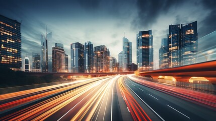 Fototapeta premium Light flow of traffic on a evening highway in a city with modern high buildings