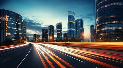 Fototapeta premium Light flow of traffic on a evening highway in a city with modern high buildings