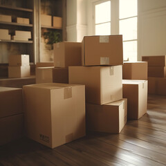 Boxes with moving things in an empty room