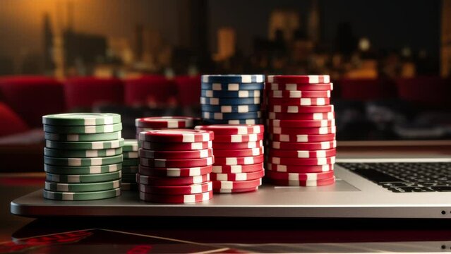 Colorful casino chips and dice arranged in a stack on the keys of a sleek laptop keyboard