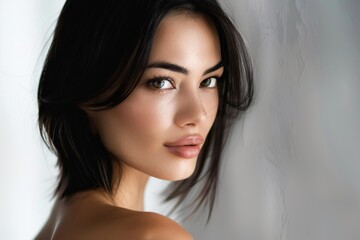 Naklejka premium Young brunette on a gray background. Feminine beauty.
