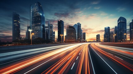 Obraz premium Light flow of traffic on a evening highway in a city with modern high buildings