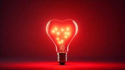Light bulb with a heart shape glowing filament on a red background, Valentine day concept 
