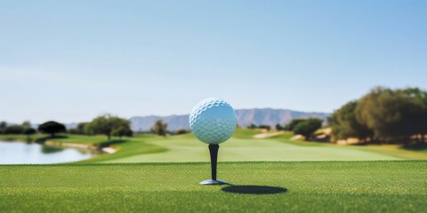 A golf ball perched on top of a tee ready for play. Golf tournament banner