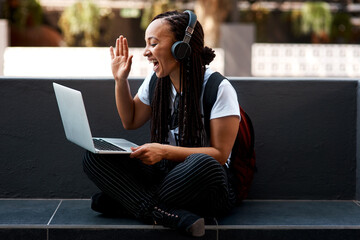 Girl, online and video call at college with laptop for class, webinar and welcome wave to chat. Hello, student and woman on campus in city with virtual communication on internet with computer