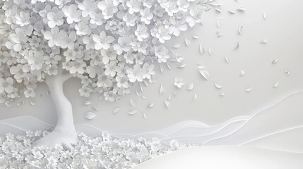 3d wallpaper abstract of white floral tree decor, colorful leaf and background. Decorative wall art
