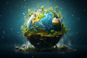 Surreal image of earth as a lush island with forests and waterfalls, suspended in a starry cosmos