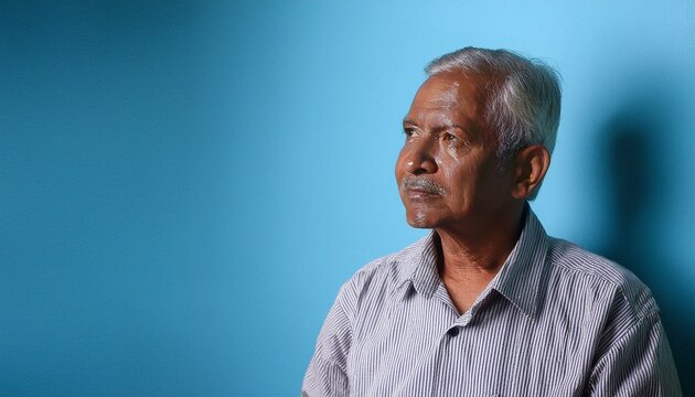 An Indian 70 years old men with a thinking expression on his face in front of the plain blue background