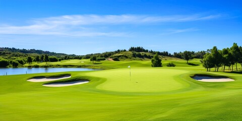 A vibrant golf course with lush green grass, water features, and tall trees. Golf tournament banner. 