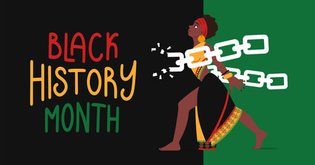 Black history month banner. African-American Independence Day Background. Woman in ethnic clothes breaks chains. Holiday template for card, poster with lettering. Vector flat illustration.