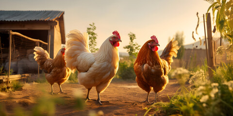 Close up of free cage chicken hens outdoors in the backyard farm