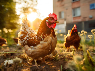 Close up of free cage chicken hens outdoors in the backyard farm