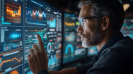 Business manager analyzing financial data on a high-tech dashboard.