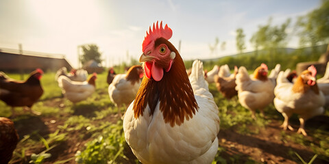 Close up of free cage chicken hens outdoors in the backyard farm