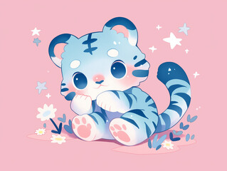 Personagem fofo - tigre azul e estrelas brancas em fundo rosa pastel
