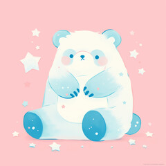 Personagem fofo - urso azul e estrelas brancas em fundo rosa pastel