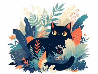personagem fofa e delicada para impressão - gato preto e plantas