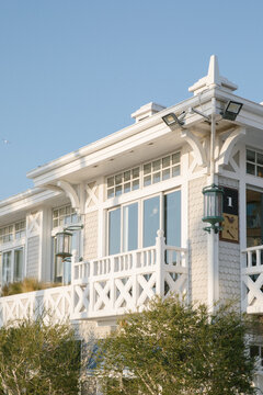 Architectural corner of a seaside boutique hotel in Santa Monica, California in cape cod style. 