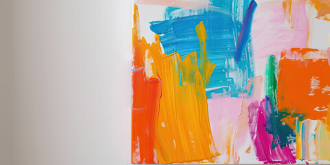 A child's colorful painting hangs on a white wall, brushstrokes telling a story of vibrant imagination