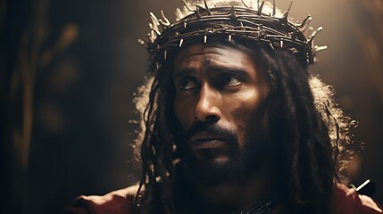 Portrait of black Jesus Christ with crown of thorns on his head. Photorealistic portrait.