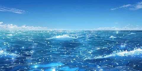 A sparkling blue ocean stretches endlessly towards the horizon, waves crashing against the shore